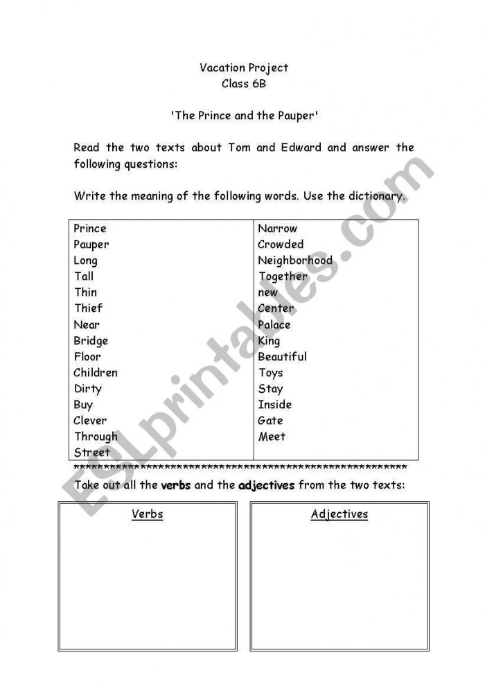 Adapted excerpt from The Prince and the Pauper for seventh-grade reading comprehension