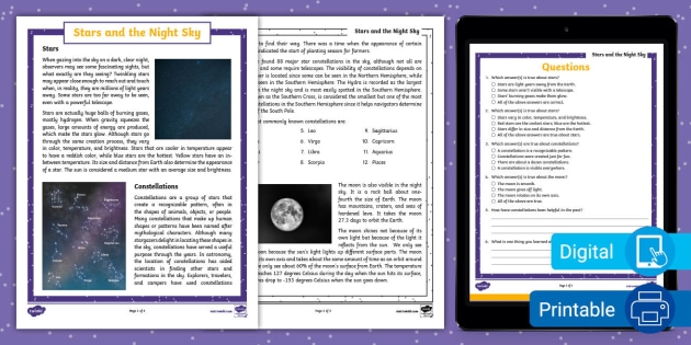 Worksheet focusing on informational reading comprehension about light pollution for seventh graders