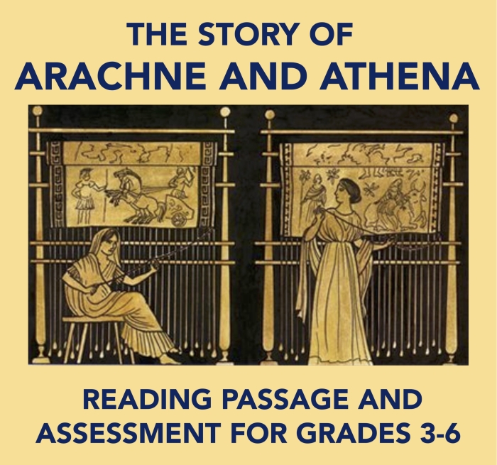 A student analyzing the Greek myth of Arachne on a printed seventh-grade reading comprehension worksheet