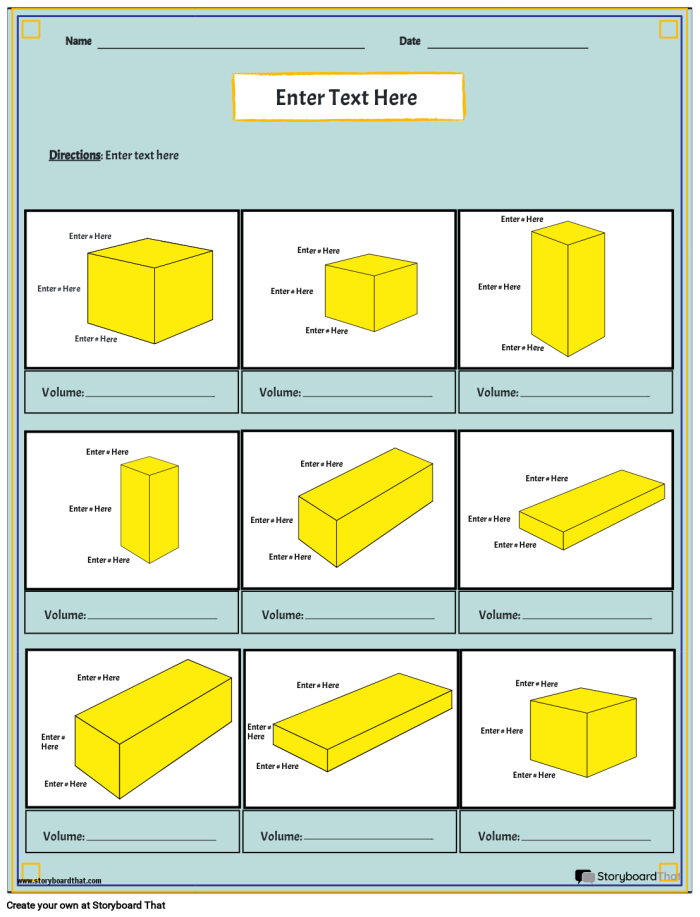 Seventh grade geometry worksheet focusing on calculating the volume of various right prisms