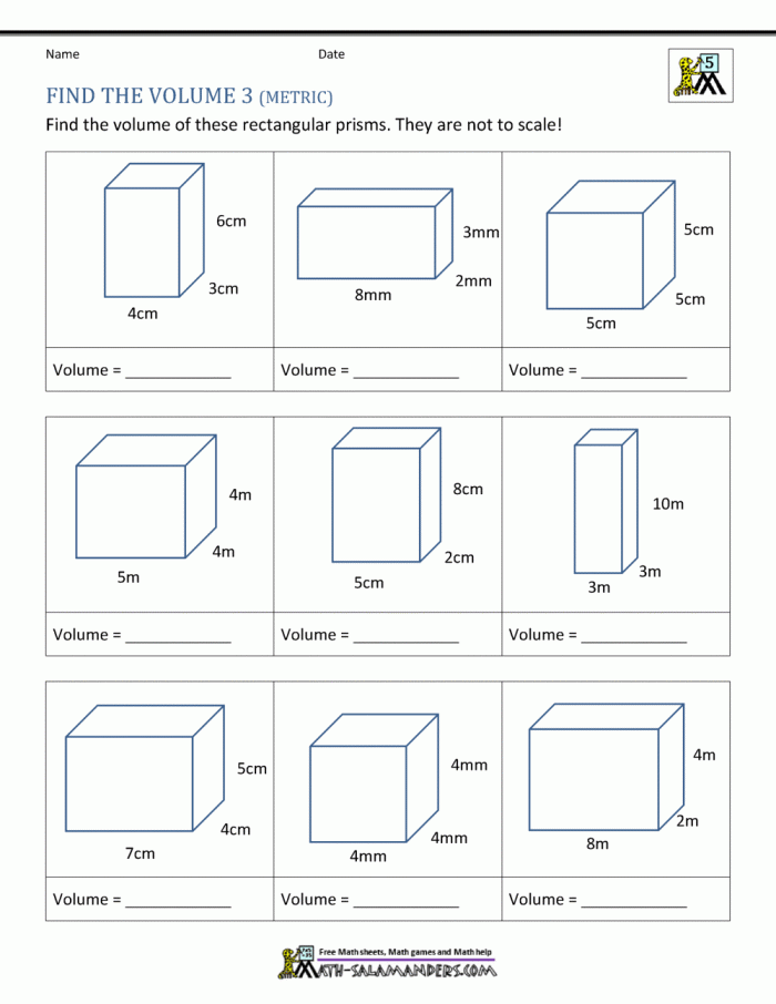 Worksheet for calculating the volume of various right prisms for seventh-grade students