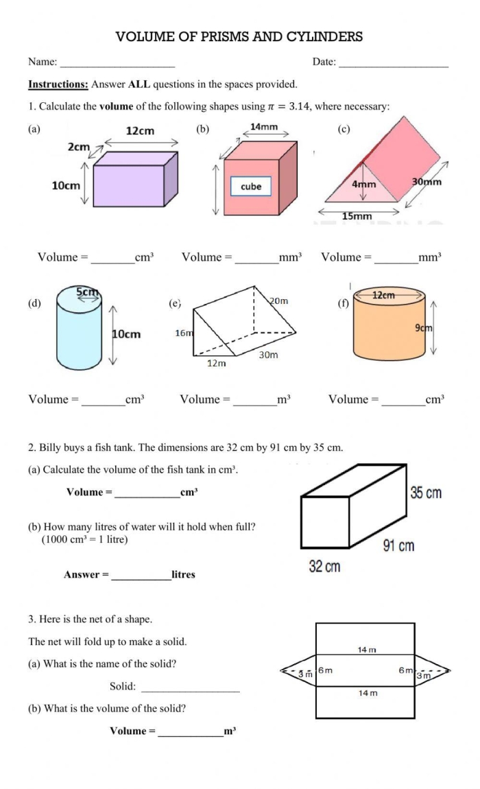 Worksheet for calculating the volume of various right prisms suitable for seventh-grade students