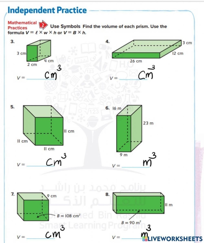 Seventh grade geometry worksheet featuring practice problems on calculating the volume of various right prisms
