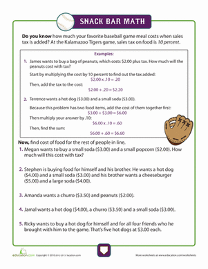 Calculating Sales Tax on Baseball Snacks Worksheet 4 Seventh grade student completing a math worksheet on calculating sales tax for stadium snacks