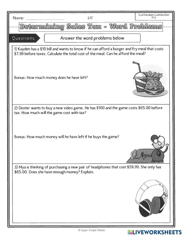 Seventh Grade Sales Tax Calculation Practice Worksheet Five A student worksheet on calculating sales tax featuring a list of stadium snacks for seventh graders