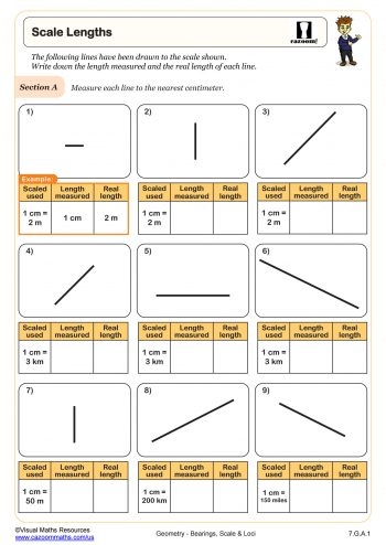 Worksheet featuring word problems for finding dimensions from scale drawings