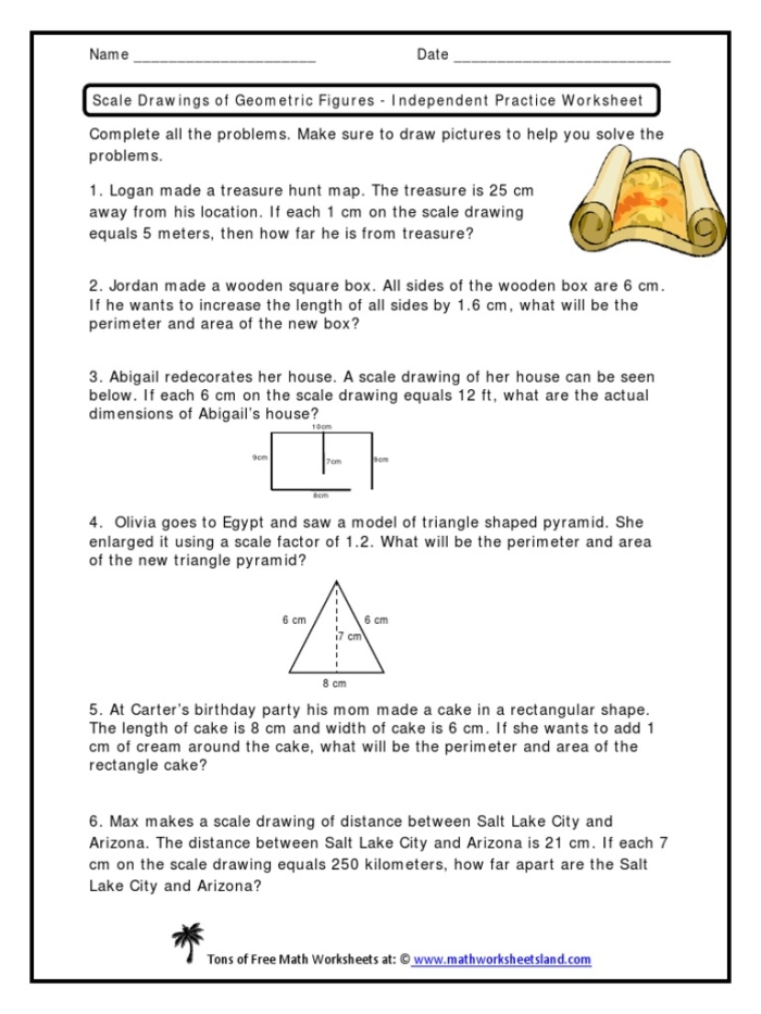 Worksheet featuring word problems on finding dimensions from scale drawings for seventh graders
