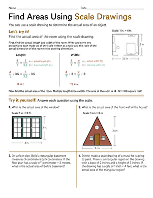 Find Areas Using Scale Drawings Worksheet for Seventh Grade Math Worksheet for practicing area calculations with scale drawings for seventh graders