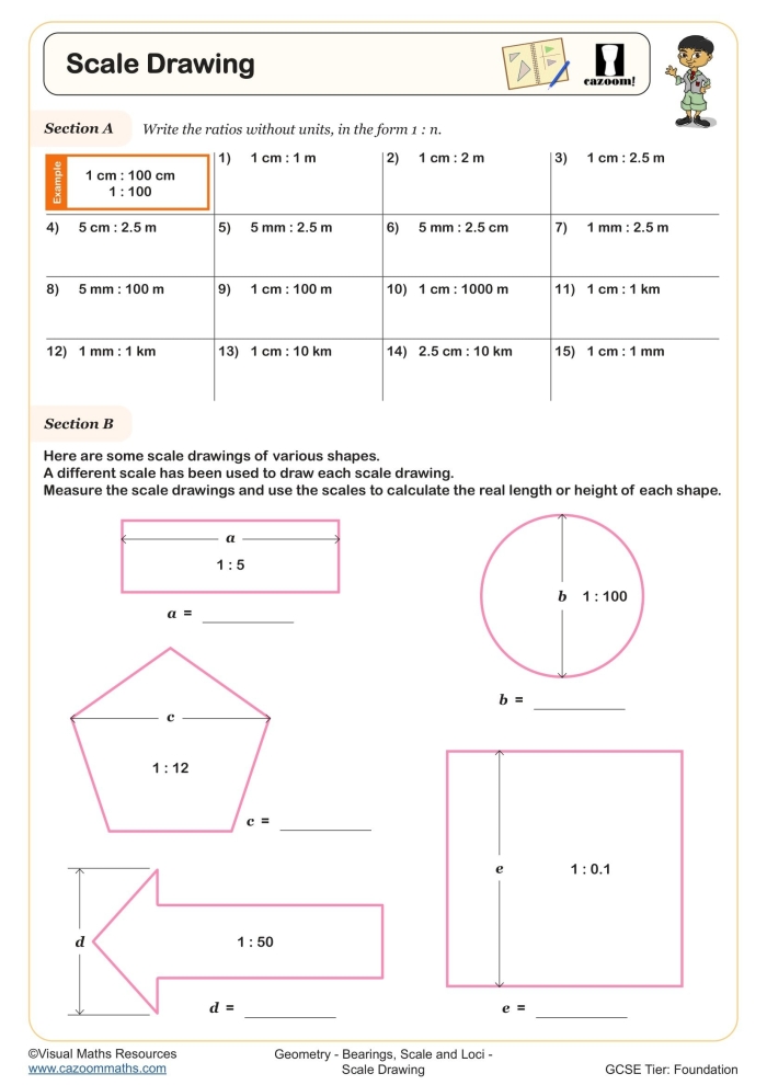 Worksheet image showcasing students solving word problems related to scale drawings and dimensions