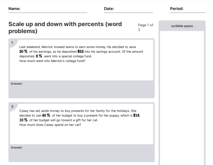 Worksheet featuring word problems on finding dimensions from scale drawings
