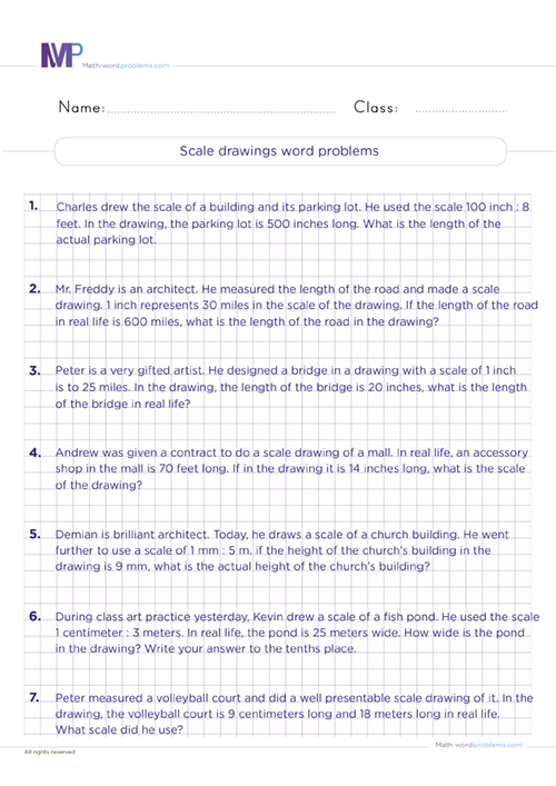 Worksheet featuring word problems on finding dimensions from scale drawings for seventh graders