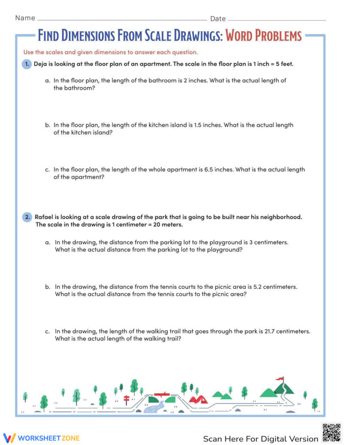 Worksheet example for finding dimensions from scale drawings in seventh-grade math