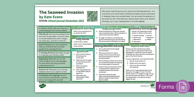 Informational Reading Comprehension: Sustaining the World With Seaweed worksheet image Worksheet featuring seventh graders engaging with reading comprehension about seaweed