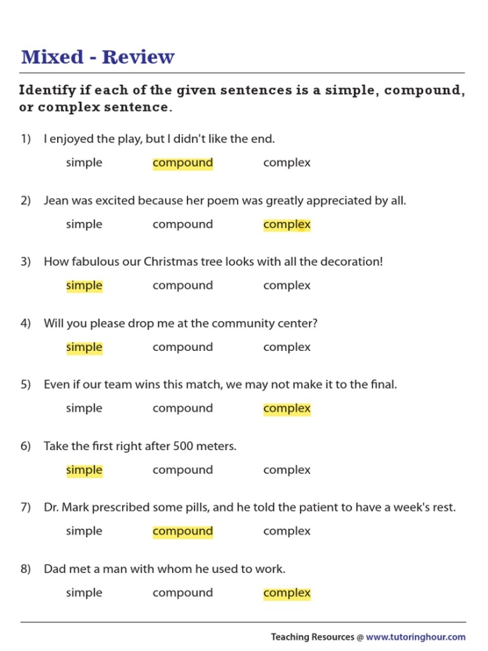 Seventh grade worksheet for classifying sentences as simple compound complex or compound-complex 15