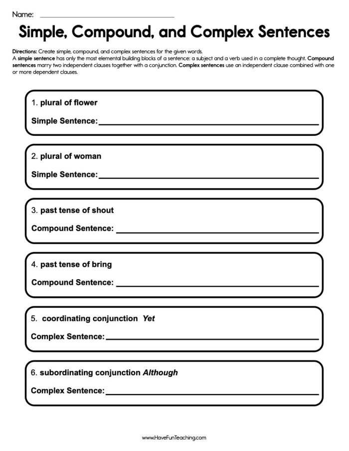 Worksheet for identifying sentence types in seventh-grade grammar