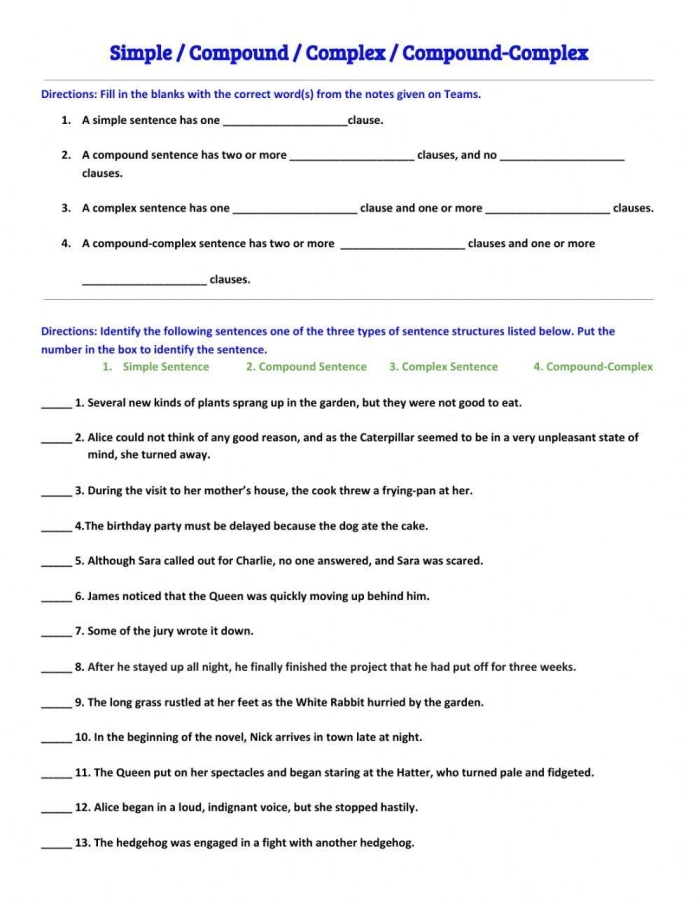 Seventh grade student completing a worksheet on classifying sentence structures as simple compound complex or compound-complex