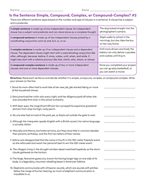 Seventh grade students practicing how to identify simple compound complex and compound-complex sentence types on a grammar worksheet