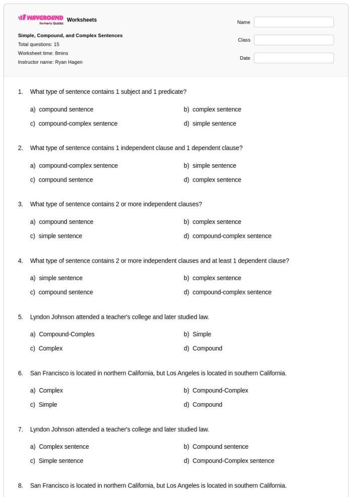 Seventh grade grammar worksheet focusing on simple compound complex and compound-complex sentence structures