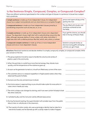 Seventh-grade worksheet for identifying simple, compound, complex, and compound-complex sentences
