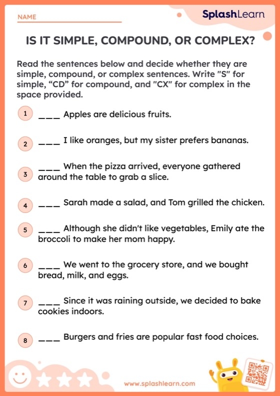 Seventh grade worksheet for identifying simple compound complex and compound-complex sentences