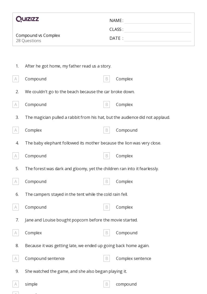 Seventh grade grammar worksheet focusing on identifying simple, compound, complex, and compound-complex sentences