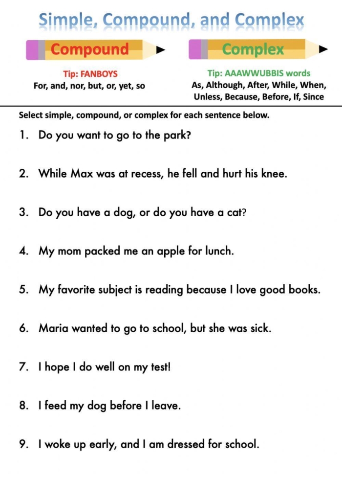 Seventh grade worksheet for identifying simple compound complex and compound-complex sentence structures