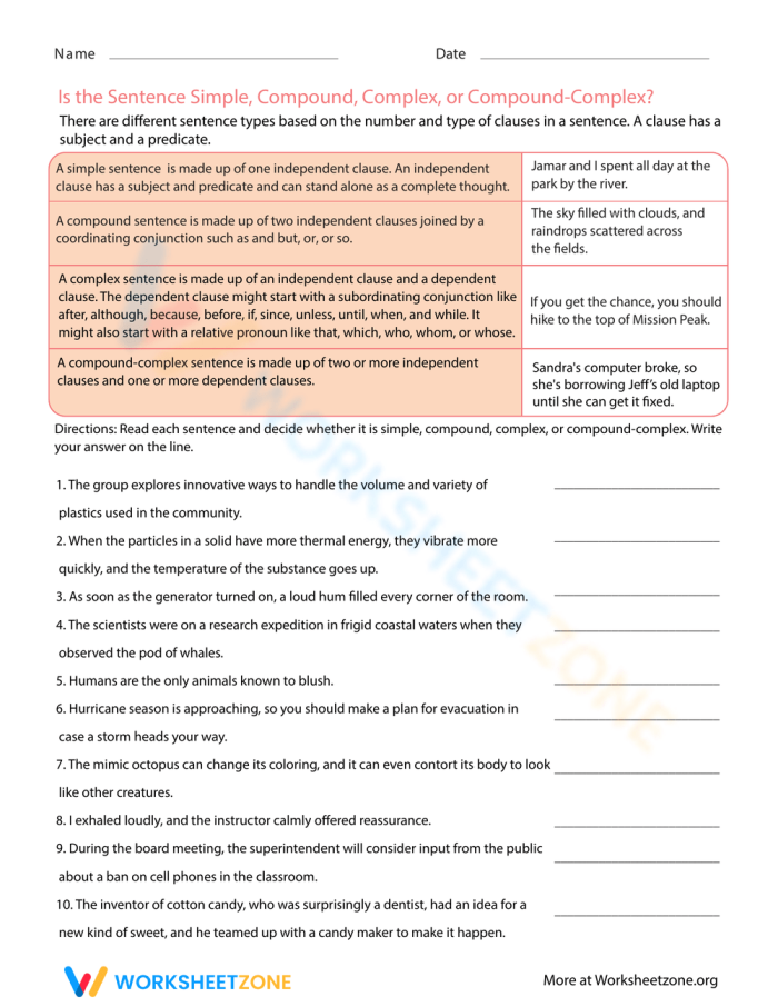 Seventh-grade grammar worksheet featuring sentence type identification exercises