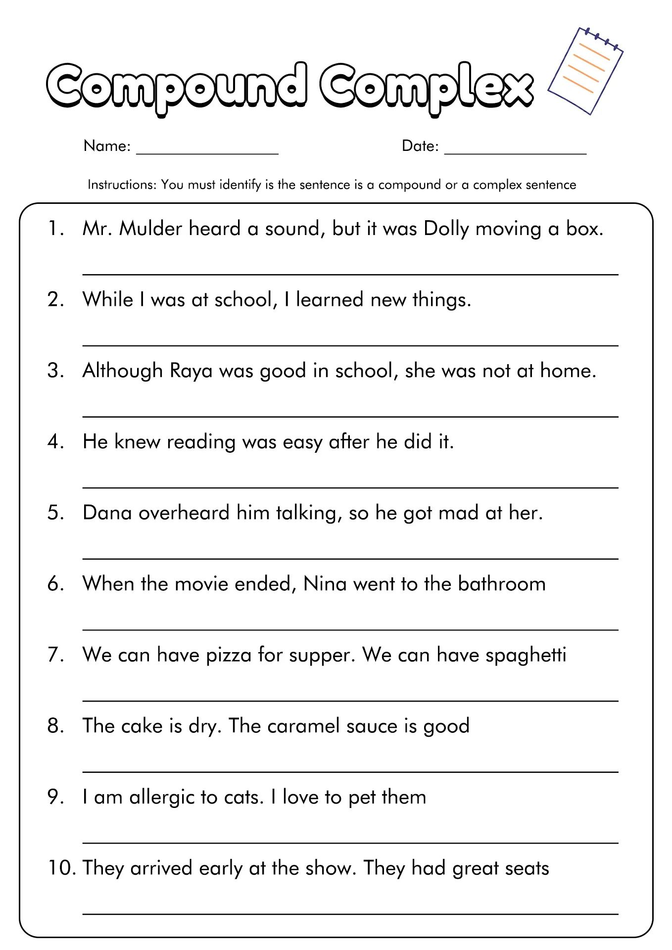 Worksheet for identifying sentence types: simple, compound, complex, and compound-complex. Seventh-grade grammar practice on sentence structure.