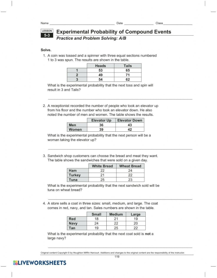 Worksheet demonstrating the probability of simple events with real-world examples for seventh graders