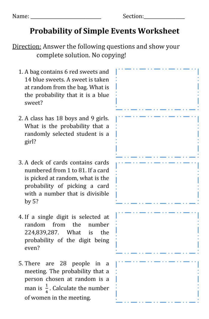Worksheet featuring the probability of simple events with real-world examples for seventh graders