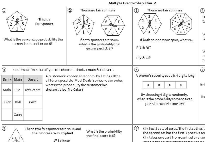 Worksheet for practicing the probability of simple events with real-world examples