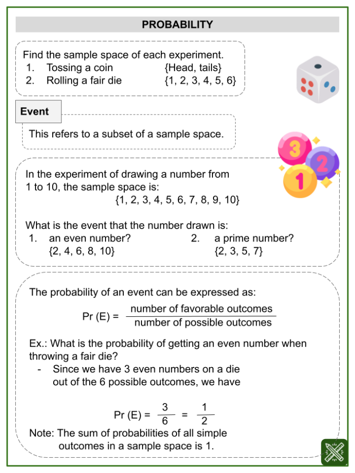Worksheet for practicing the probability of simple events through real-world examples for seventh graders