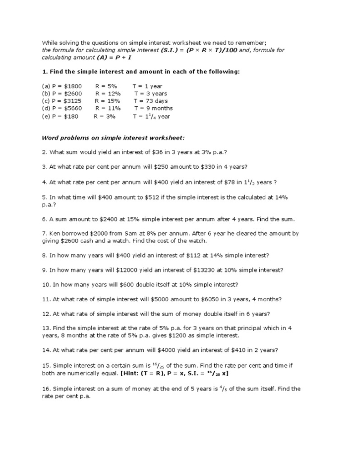 Seventh grade math worksheet featuring simple interest word problems to practice financial literacy