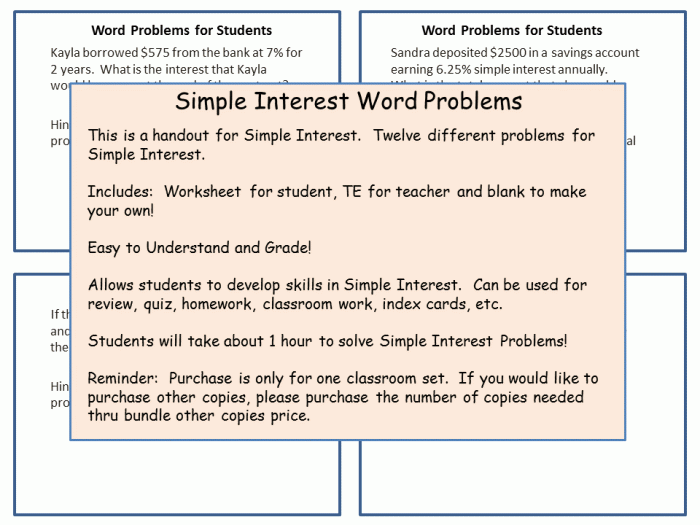 Seventh grade student solving simple interest calculations on a math worksheet with financial word problems