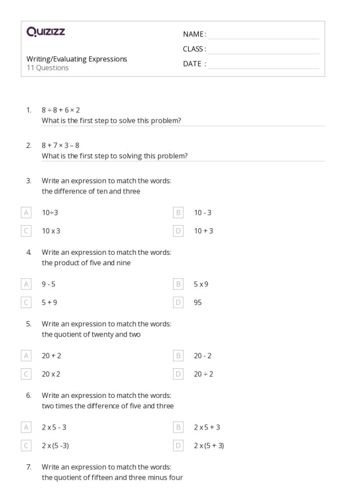 Worksheet featuring engaging word problems for writing and evaluating expressions