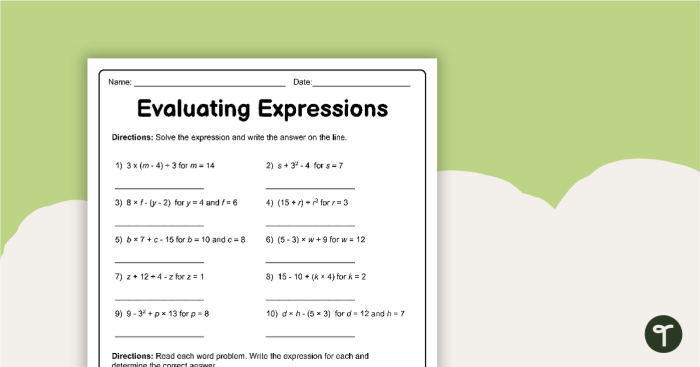 Worksheet featuring word problems for writing and evaluating expressions related to skate teams