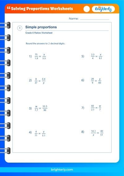 Seventh grade student worksheet focused on solving mathematical proportions