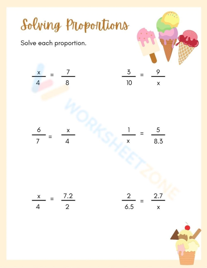 A seventh grade math worksheet featuring various problems for solving proportions