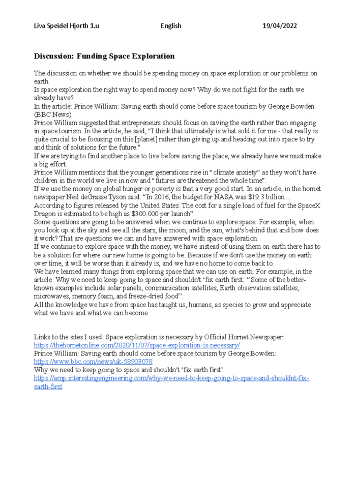 Seventh grade civics worksheet featuring a complex reading passage about space exploration funding