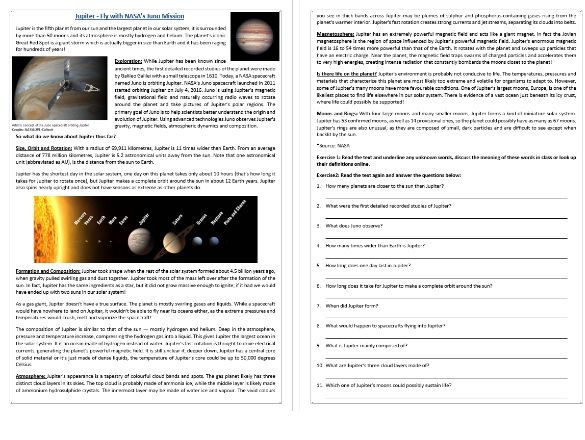 Seventh grade student completing an extended reading comprehension worksheet about government space funding