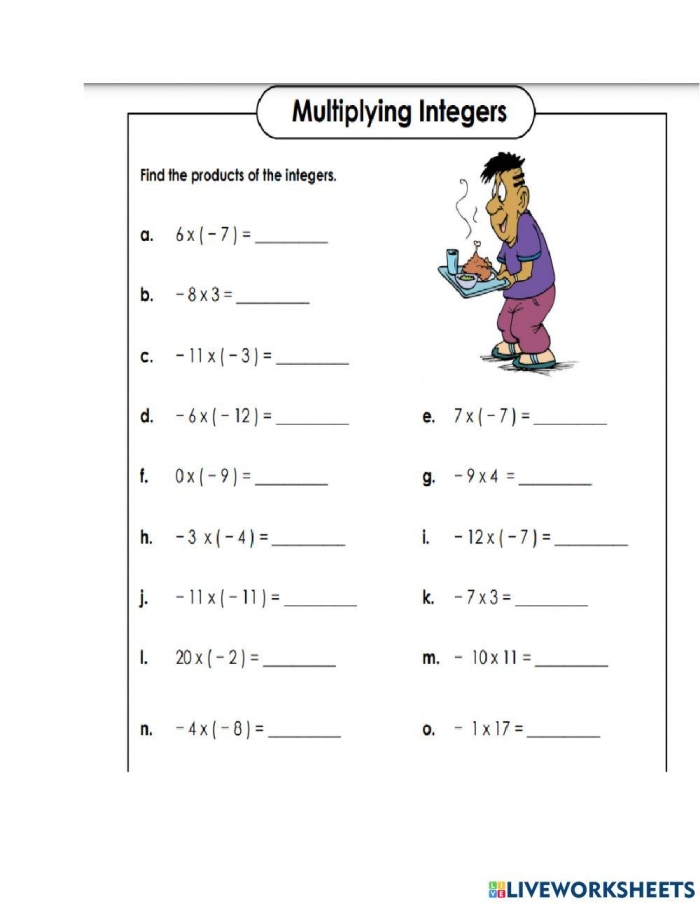 Practice problems for multiplying positive and negative integers in seventh grade mathematics Seventh grade student solving multiplying integers problems with positive and negative numbers on a math worksheet