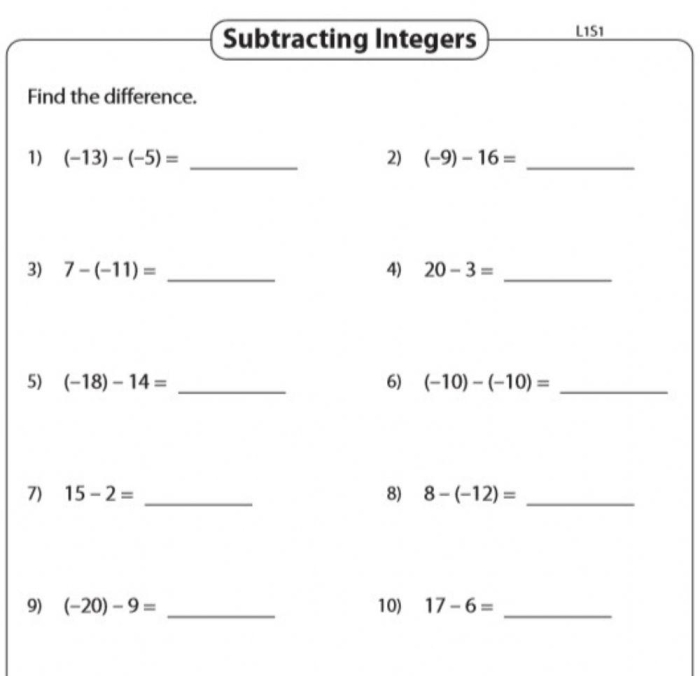 Seventh grade math worksheet featuring practice problems for subtracting positive and negative integers