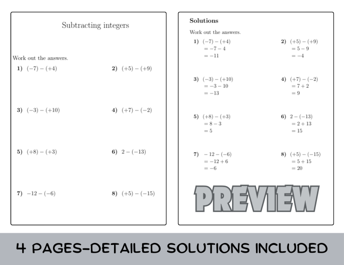 Seventh grade math worksheet featuring practice problems on subtracting positive and negative integers