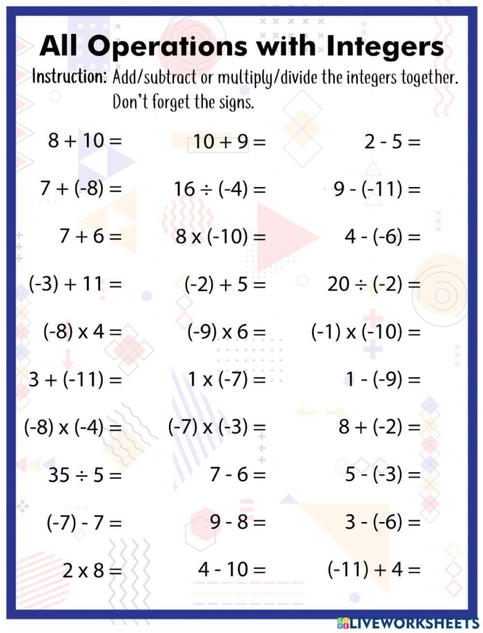 Seventh grade math worksheet featuring practice problems for subtracting positive and negative integers