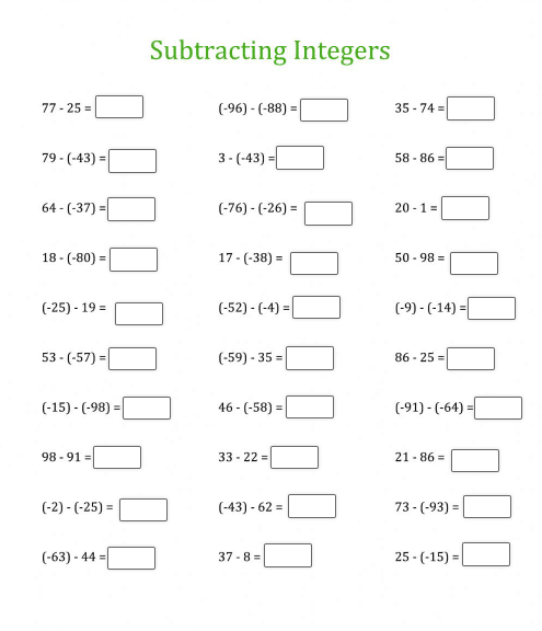 Seventh grade math worksheet featuring practice problems for subtracting positive and negative integers