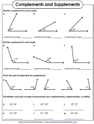Seventh grade geometry worksheet featuring practice problems on supplementary angles that sum to 180 degrees