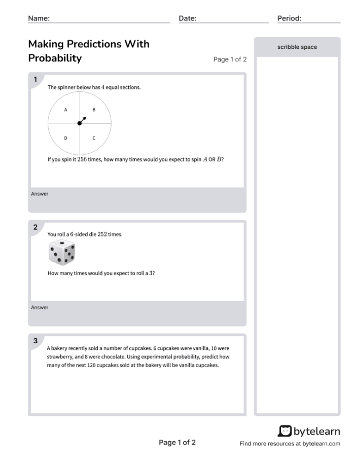 Worksheet image illustrating theoretical probability exercises for seventh graders