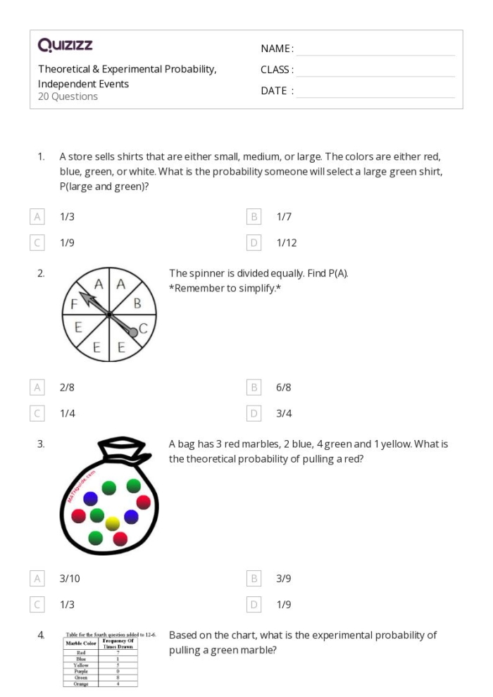 Seventh grade worksheet showing math problems for calculating theoretical probability and predicting outcomes