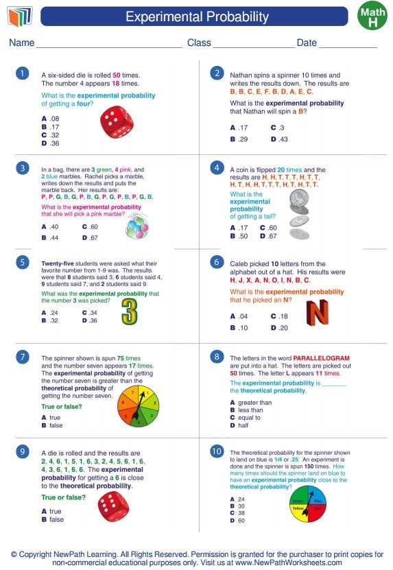 Seventh grade math worksheet featuring problems on making predictions using theoretical probability