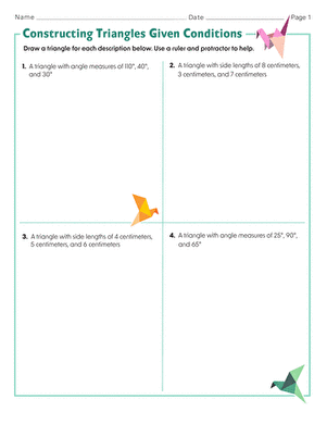 Triangle construction practice worksheet showing methods for creating triangles from specified conditions Seventh grade students constructing triangles with given side lengths and angle measurements on a geometry worksheet